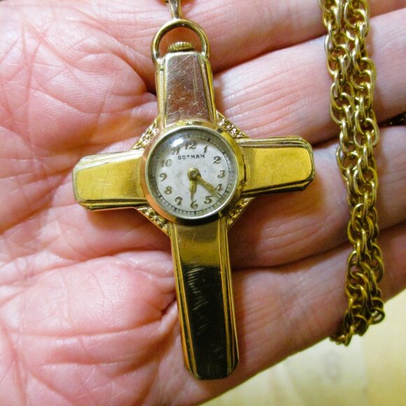 GOTHAM Gold Filled Swiss Cross Watch Necklace~ VINTAGE Mechanical Watch Necklace
